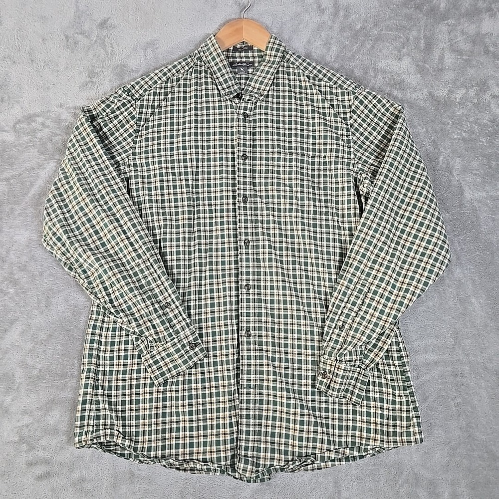 Eddie Bauer Shirt Large Tall Green Plaid‎ Button Down Relaxed Fit Gorpcore